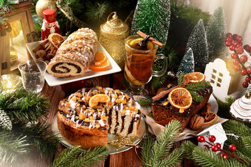  Traditional sweet Christmas Eves supper with poppy seed cakes, gingerbread cake and dried fruit compote