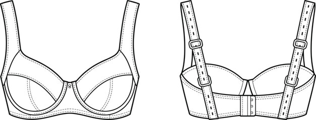 Bra technical flat sketch, lingerie fashion illustration, front and back view, underwire cup design, adjustable straps, hook closure, apparel garment reference