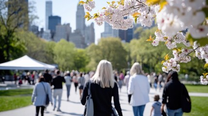 Visitors walk through Central Park, admiring cherry blossoms and enjoying a vibrant day, capturing the essence of spring in the heart of the bustling city.