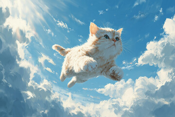 Soaring Cat: A fluffy orange cat floats gracefully through a bright, sunny sky dotted with puffy clouds, portraying pure joy and whimsical flight.