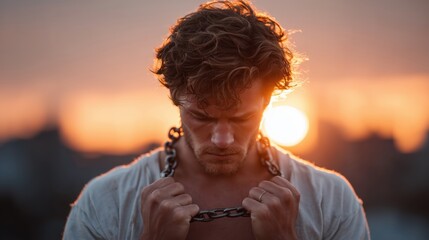 A man stands in a moment of deep emotional turmoil, holding broken chains as the sun sets behind him. The image symbolizes strength, liberation, and the silent suffering of male victims of domestic vi