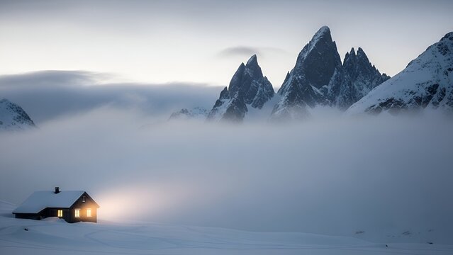 A snow-covered cabin glows warmly amidst fog, with jagged mountain peaks rising in the background under a muted sky. - Powered by Adobe