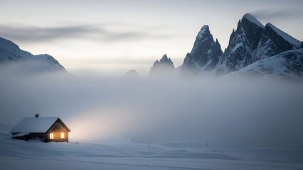A small, snow-covered cabin glows warmly amidst a foggy winter landscape, with jagged mountain peaks rising in the background.