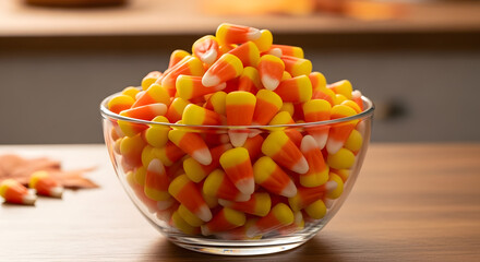 Naklejka premium Glass bowl filled with candy corn (traditional American sweets), soft light reflecting orange, yellow and white colors, playful and welcoming setting.