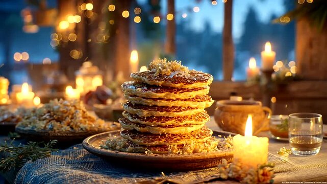 Cozy Rustic Table with Pancakes and Candles