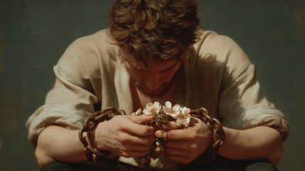 A man stands in a moment of deep emotional turmoil, holding broken chains as the sun sets behind him. The image symbolizes strength, liberation, and the silent suffering of male victims of domestic vi