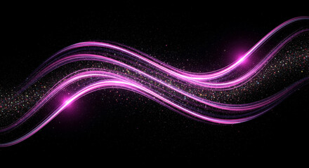 Luxurious pink and magenta light waves with sparkling glitter particles flowing in a dynamic, elegant stream on a black background. Abstract futuristic design for celebrations or technology.