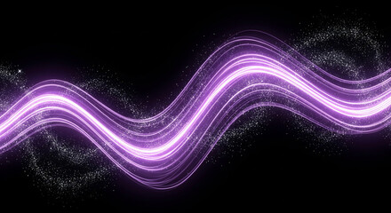 Abstract background with a flowing purple neon light wave and sparkling particles. A dynamic and magical representation of energy, technology, or data on a black background.