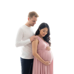 Fototapeta premium Expecting couple portrait showcasing love and anticipation with isolated seamless backdrop