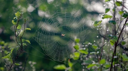 Delicate spiderweb in the forest canopy, glistening with morning dew.