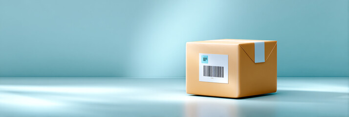 Brown cardboard box with a barcode label placed on a smooth surface, illuminated by soft light, creating a minimalistic and modern atmosphere with copy space