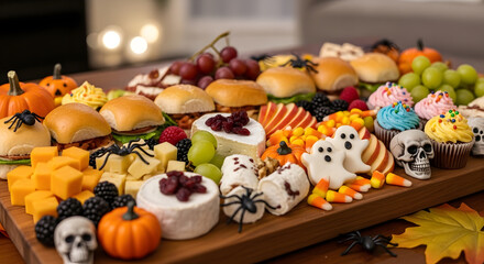 Naklejka premium Wooden board with mini sandwiches, cheeses, fruits and colorful sweets, decorated with small pumpkins and Halloween elements, soft lighting creating a cozy and family atmosphere.