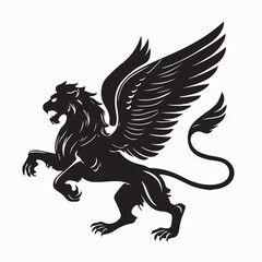 Mythical Winged Lion Roaring Attack Fierce Fantasy Creature Vector Art on white background