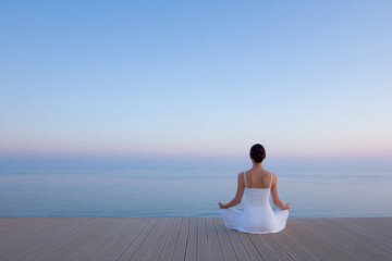 Fototapeta premium Serene Solitude: A figure sits gracefully in a meditative pose, embracing tranquility by the sea under a tranquil dusk.