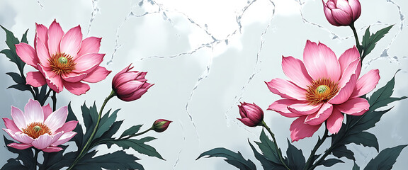 Luxury floral wallpaper featuring 3D embossed blossoms with gold, silver, and marble textures, elegant botanical mural in rich colors, abstract illustration for art prints, seamless 4K decorative back