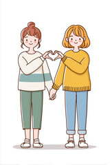 Cute cartoon lesbian couple making a heart shape with their hands
