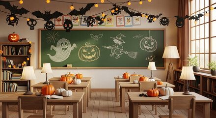 Classroom with tables and chairs, chalkboard with Halloween drawings, small pumpkins on the tables, paper garlands and soft lighting creating a playful and welcoming atmosphere.