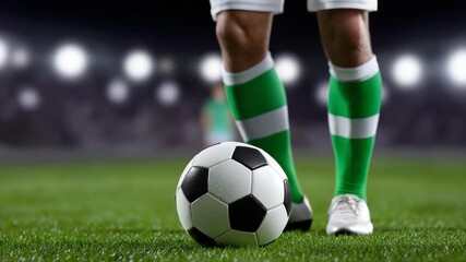 Soccer player dribbling in green socks on night field with stadium lights