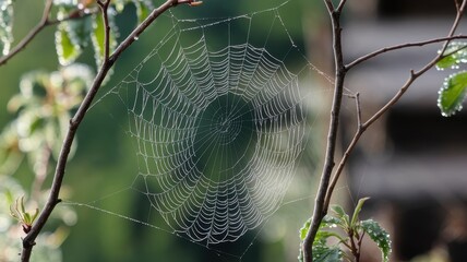 Delicate spiderweb glistening with morning dew.