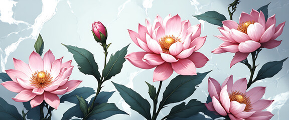 Luxury floral wallpaper featuring 3D embossed blossoms with gold, silver, and marble textures, elegant botanical mural in rich colors, abstract illustration for art prints, seamless 4K decorative back