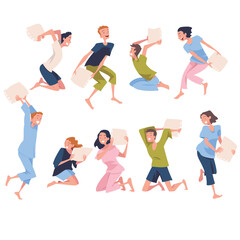 Pajama Party with Man and Woman Character Pillow Fight Vector Set