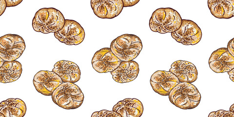 Seamless pattern of sweet buns sketches, soft fresh pastry, vector hand drawings, white background, paper, wallpaper, wrapper