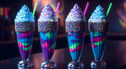 Massive milkshakes in glass cups, with shimmering whipped cream and neon sprinkles, each drink blending in colors like intergalactic gases in motion.