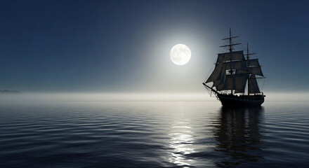 Sailing Ship Beneath Full Moon Over Calm Sea – Mystical Night Voyage