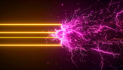 Futuristic digital abstract of high-energy particle beams impacting a vibrant pink electrical discharge and creating a powerful reaction