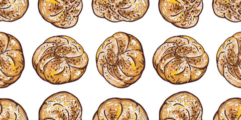 Seamless pattern of buns sketches, sweet soft fresh pastry, vector, hand drawings, white background, paper, wallpaper, wrapper