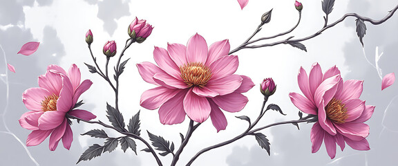 Luxury floral wallpaper featuring 3D embossed blossoms with gold, silver, and marble textures, elegant botanical mural in rich colors, abstract illustration for art prints, seamless 4K decorative back