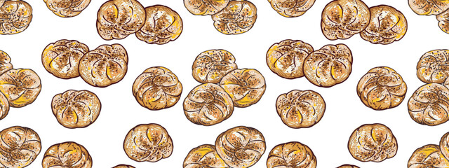 Seamless pattern of buns sketches, sweet soft fresh pastry, vector, hand drawings, white background, paper, wallpaper, wrapper