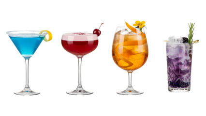 a set of cocktails: gin tonic, blue lagoon, tequila sunrise, iced irish coffee, pina colada, mai tai, cocktail with rum, whiskey, mojito, bar menu drinks, cocktails isolated PNG