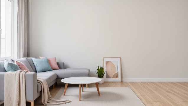 Bright minimalist living room interior featuring the light gray sofa featuring pastel cushions, wooden coffee table, framed artwork, and green plant within natural daylight ambiance
