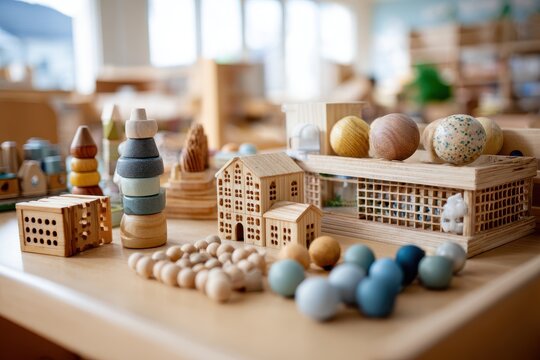 Artisanal Wooden Montessori Toys and Peg Dolls Arranged in a Sunlit Classroom.