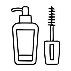 Black and White Line Art Illustration of Mascara and Lotion, Dispenser, beauty, cosmetic vector shape. 