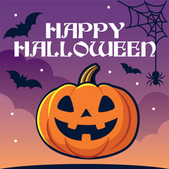 Vector illustration of a Halloween pumpkin with bats flying in the night sky and a spider in a web. Perfect for postcards, party invitations, seasonal decorations, and spooky holiday designs