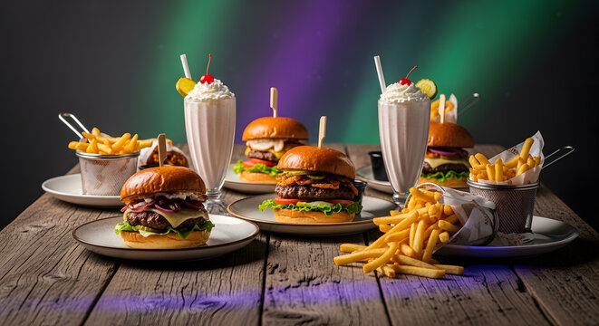 A rustic wooden table is covered with plates of artisanal burgers, milkshakes, and fries, all illuminated by lights reminiscent of the Northern Lights in shades of purple, blue, and green. 