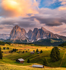 The UNESCO site Seiser Alm or Alpe di Siusi the Dolomite plateau and the largest high-elevation Alpine meadow in Europe located in Italy's South Tyrol province in the Dolomites in autumn sunset.