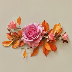 Artisanal Pink Rose Centerpiece with Fiery Orange Autumn Leaves on a Soft Taupe Background.