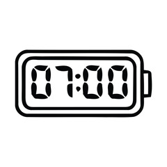 Black Outline of a Digital Alarm Clock Displaying 07:00., time, Vector illustration. 