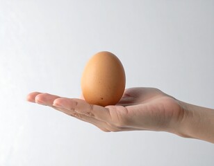A hand holding a brown egg against a plain background