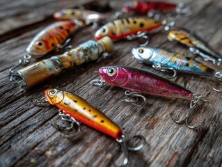 Assorted Fishing Lures on Weathered Wood - Vibrant Colors, Sharp Hooks, Angling Gear.