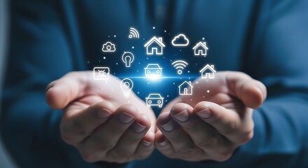 Naklejka premium Hands Holding Icons Of Smart Home And Connected Devices Keywords: hands, holding, icons, smart