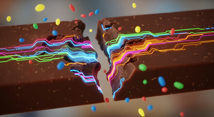 chocolate bar breaking in half, with rivers of 3D neon light appearing inside, while colorful 2D particles float around.