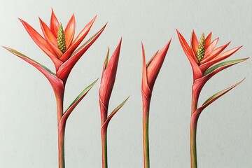 Vibrant Red Heliconia Flower Illustration on Soft Neutral Background for Natural Art Lovers