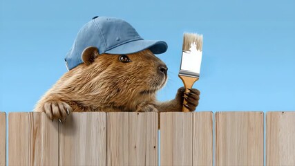 Capybara painting fence with brush, wearing blue cap in humorous animal scene