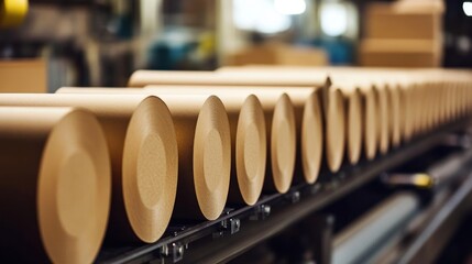 Rows of cardboard tubes on conveyor belt in factory.