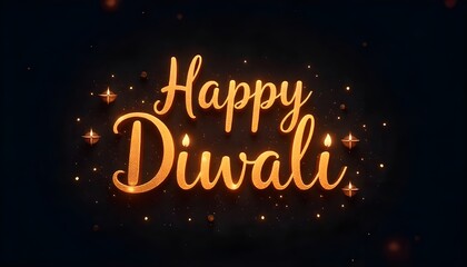Glowing “Happy Diwali” text with golden lights and diyas on a dark festive background.