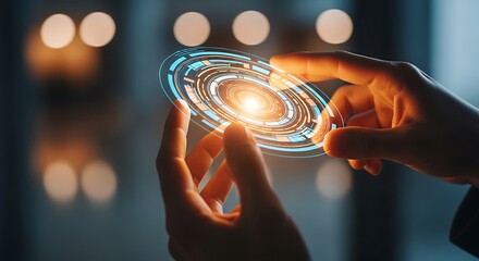 Hands interacting with a glowing circular digital interface